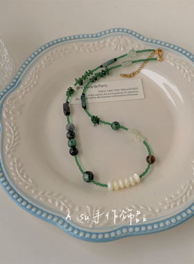 小众绿色系锁骨链米珠颈链