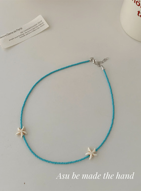 小米珠蓝色串珠锁骨链女