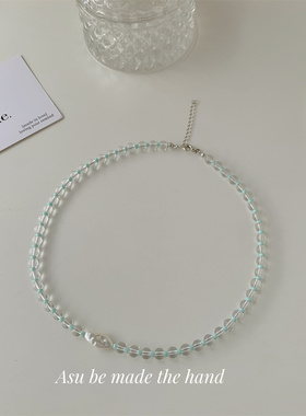蓝色透明珠子项链女锁骨链