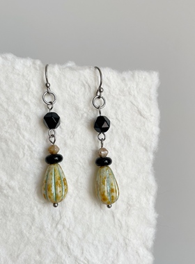 尾生之信 | 原创冷淡捷克珠+黑玛瑙百搭简约气质短款防敏耳环耳夹