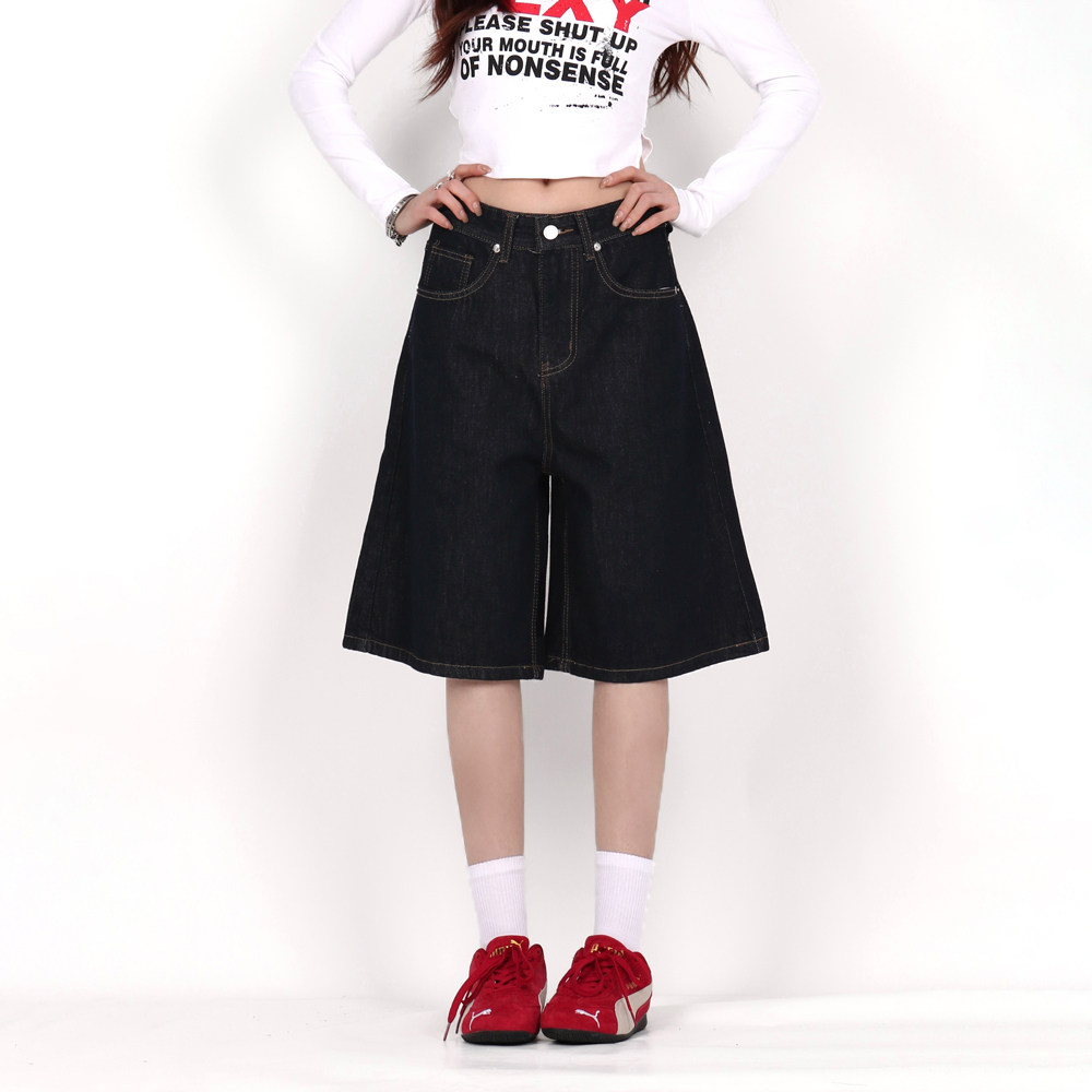 INGA美式复古黑色牛仔七分裤男女夏季百搭宽松显瘦阔腿裤休闲短裤,淘宝优惠券,粉丝福利购,淘宝优惠卷