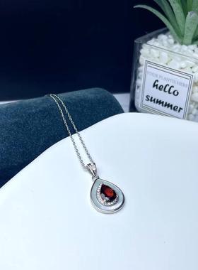 红石榴石水滴形宝石吊坠时尚锁骨链银项链女饰品小众设计红色项坠