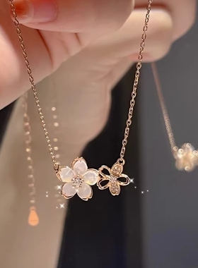 樱花四叶草纯银项链女生