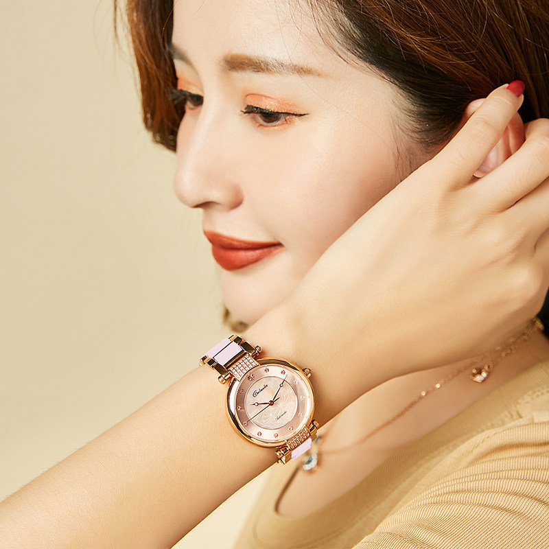 卡罗莱时尚正品陶瓷女士镶钻机械表 vordo国产腕表