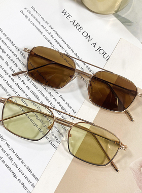 双梁黄色墨镜女小脸款海边度假金属小框太阳镜男潮流眼镜装饰时尚