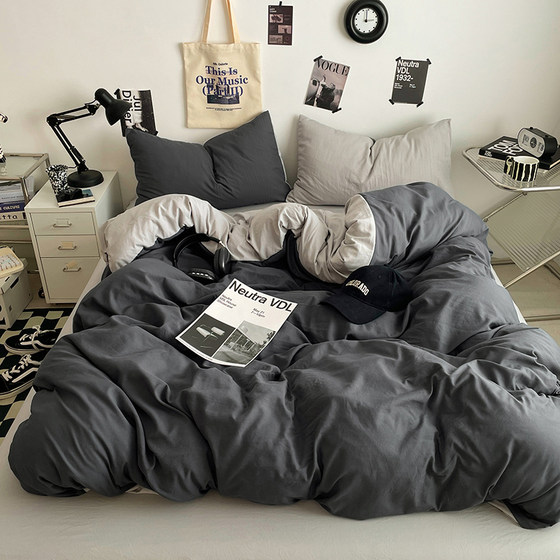Simple solid color double bed four-piece set of fitted sheets for boys, quilt cover, dormitory sheets, three-piece set of four-season bedding