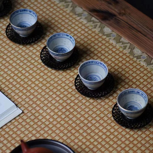 紫光檀镂空编织纹杯垫一套六个置茶席茶桌上文玩木雕收藏工艺送礼