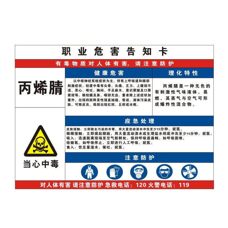 丙烯腈职业病危害告知牌卡卫生当心中毒消防安全周知危险废物化学品工厂车间标识提示贴纸警示标志定制GZD91 - 图0