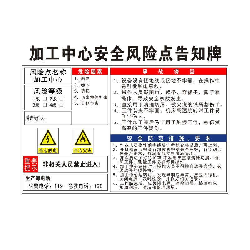 加工中心安全风险点告知牌卡危险源预防措施工厂生产车间标识牌标志标示指示警告标语提示贴警示牌定制FXD25 - 图0