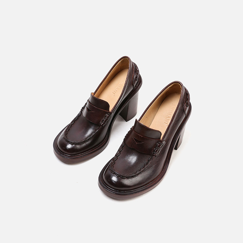 高跟鞋女英伦风真皮棕色玛丽珍鞋粗跟圆头浅口单鞋欧美秀场女鞋潮,淘宝优惠券,粉丝福利购,淘宝优惠卷