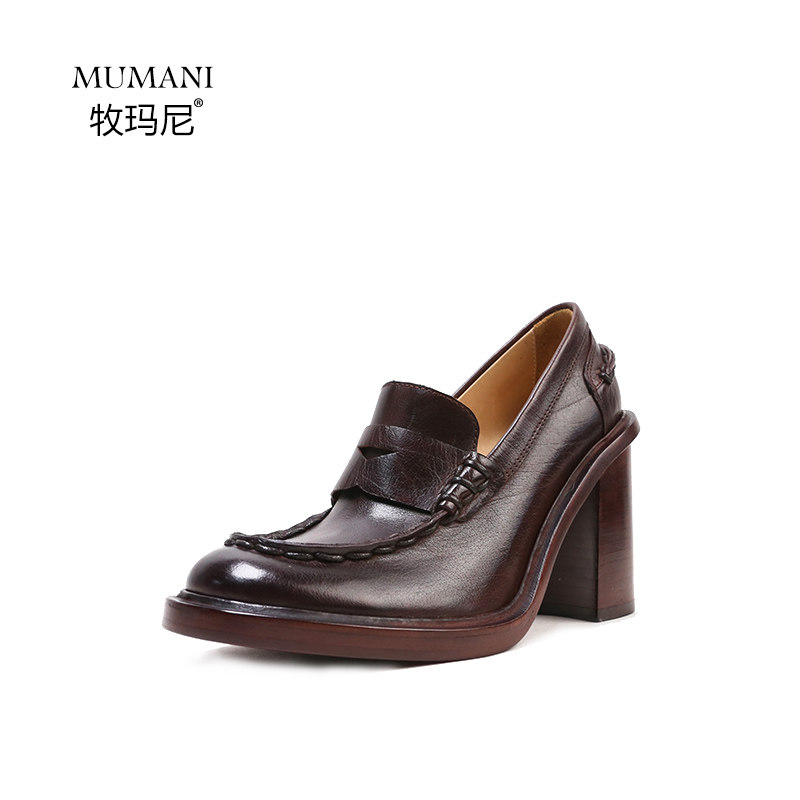 高跟鞋女英伦风真皮棕色玛丽珍鞋粗跟圆头浅口单鞋欧美秀场女鞋潮,淘宝优惠券,粉丝福利购,淘宝优惠卷