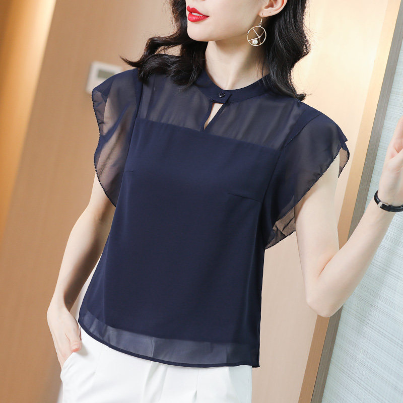 女人遮肚小衫雪纺短袖洋气收腰衬衫 爱衣买衣蕾丝衫/雪纺衫