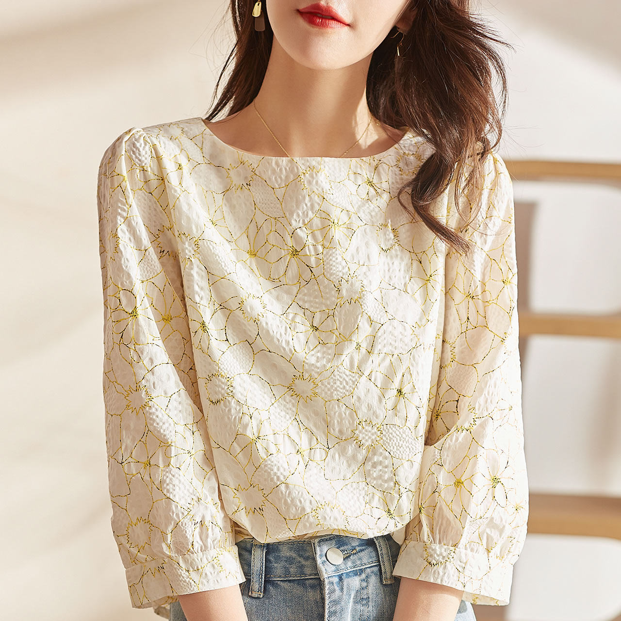 法式早秋印花气质纯棉七分袖雪纺衫 爱衣买衣蕾丝衫/雪纺衫