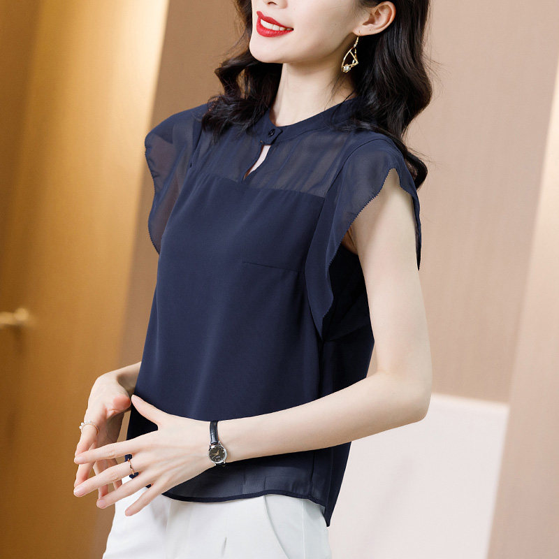 女人遮肚小衫雪纺短袖洋气收腰衬衫 爱衣买衣蕾丝衫/雪纺衫