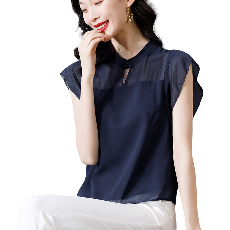 女人遮肚小衫雪纺短袖洋气收腰衬衫 爱衣买衣蕾丝衫/雪纺衫