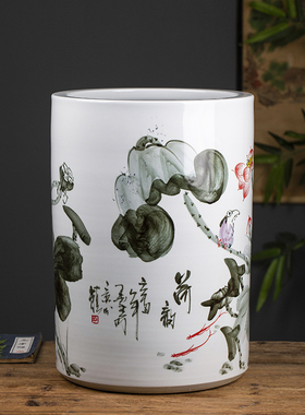 景德镇陶瓷手绘写意直筒大号书画卷轴缸字画收纳桶落地箭筒雨伞桶