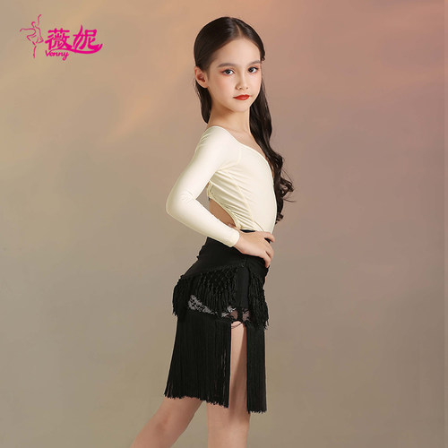 薇妮拉丁舞练功服女童长袖国标专业流苏训练舞服秋冬新款网红套装 - 图1