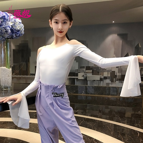 venny薇妮拉丁舞服上衣长袖女童国标舞新款白色摩登演出练功服女 - 图0