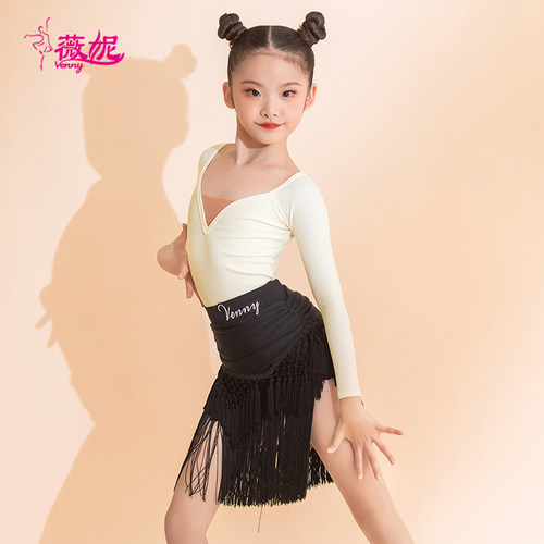 薇妮拉丁舞练功服女童长袖国标专业流苏训练舞服秋冬新款网红套装 - 图0