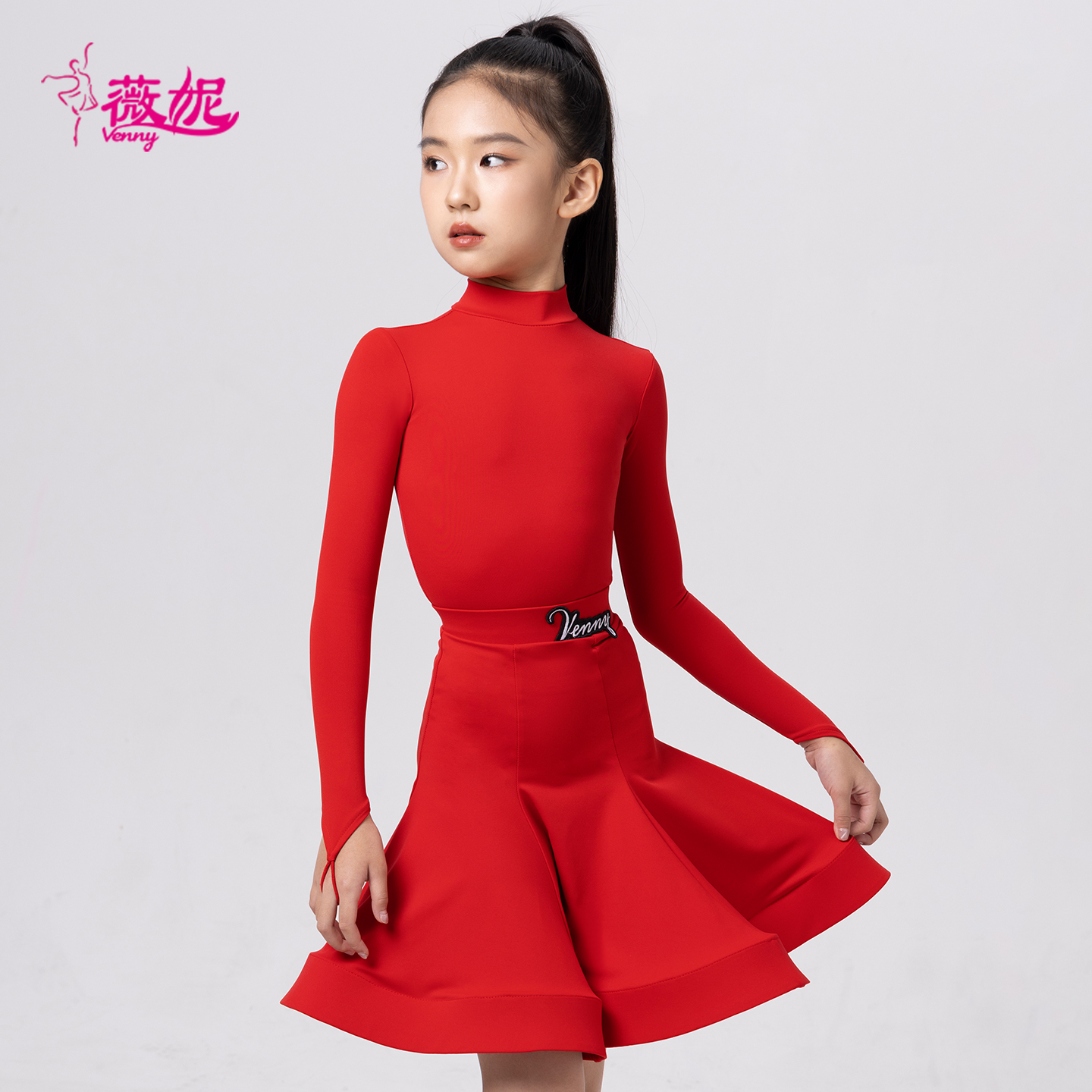 Venny薇妮拉丁舞女童比赛服国标考级规定服长袖大裙摆鱼骨演出服 - 图1