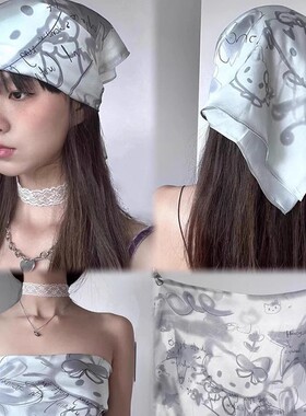百搭丝巾辣妹简约可爱法式涂鸦少女感薄款波点印花朋克风颈饰头巾
