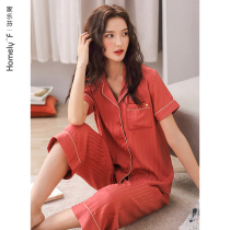 Shuttle Loom Cotton Cotton Cloth Pajamas Lady Summer Pure Cotton Short Sleeve Long Pants Home Conserved Summer Thin two sets