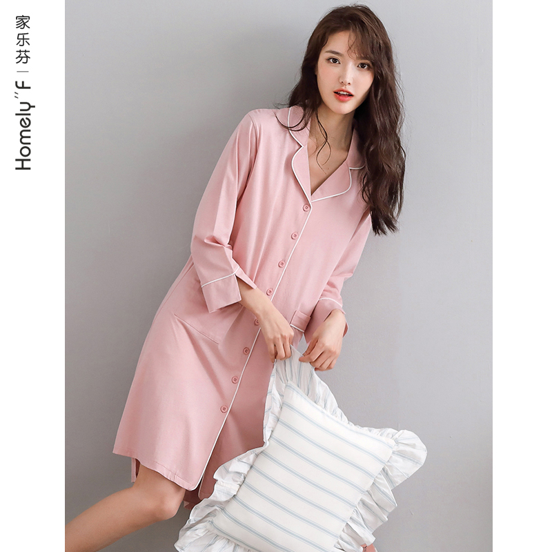 家乐芬旗舰店丝光棉睡裙女士睡衣裙子夏季纯棉七分袖长袖夏天春秋薄款衬衫开衫2