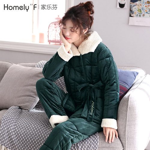 睡衣女秋冬季冬天三层加厚夹棉袄珊瑚绒加绒保暖法兰绒家居服套装 - 图3