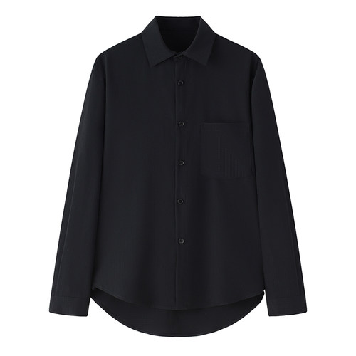 阿茶与阿古黑色垂感衬衫男韩版长袖潮流夏季薄款丝滑宽松情侣衬衣 - 图3