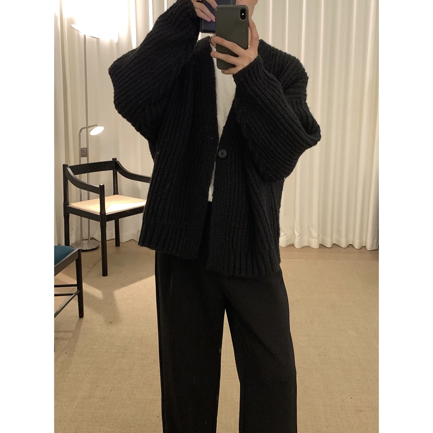 阿茶与阿古黑色粗针针织开衫男秋冬复古韩版重磅休闲宽松毛衣外套,淘宝优惠券,粉丝福利购,淘宝优惠卷