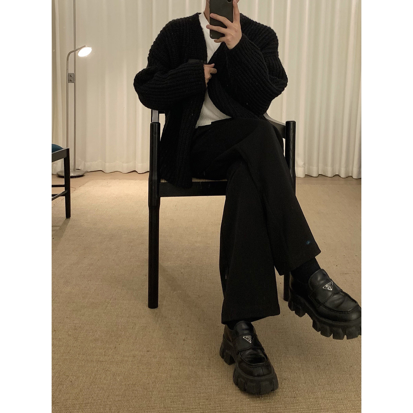 阿茶与阿古黑色粗针针织开衫男秋冬复古韩版重磅休闲宽松毛衣外套,淘宝优惠券,粉丝福利购,淘宝优惠卷