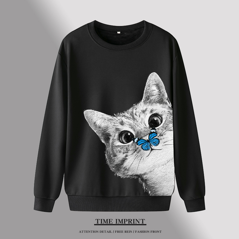 个性猫图案印花卫衣小青年痞帅男黑色外套长袖秋冬衣服拼色衣服潮