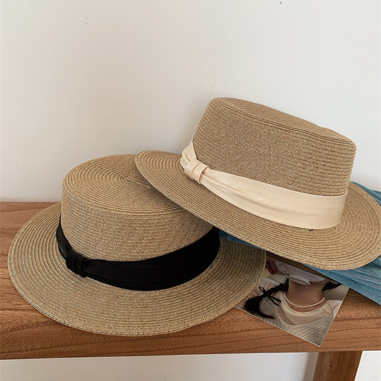 Hepburn style French flat-top straw hat women's beach vacation sun protection hat large head circumference flat brim sun protection hat
