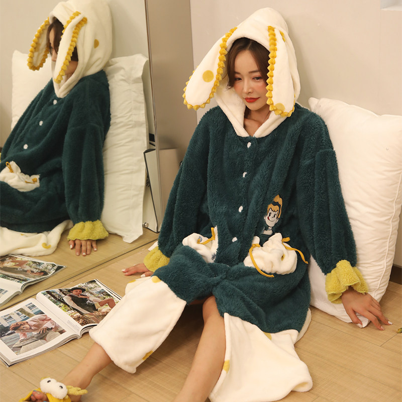 韩版秋冬季法兰绒长款北极绒睡袍 伊人公子睡衣/家居服套装