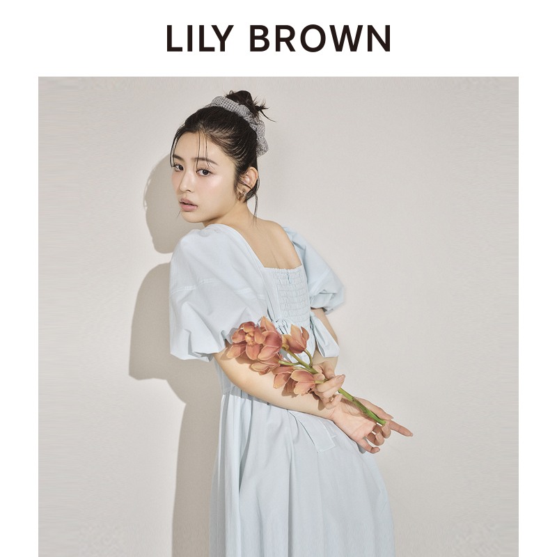 LILY BROWN2024春夏新品可爱方领系带灯笼袖花苞连衣裙LWFO242201