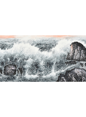 手绘国画大海波浪纳百川