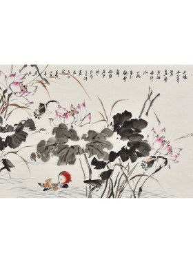 名师纯手绘花鸟画荷花荷叶荷塘鸳鸯戏水和美图 国画宣纸画真迹