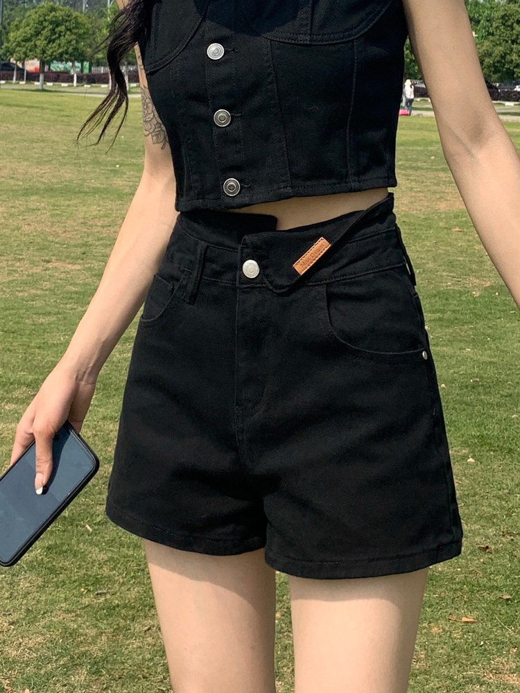 韩国高腰黑色牛仔短裤女夏季不规则a字宽松显瘦辣妹网红外穿热裤