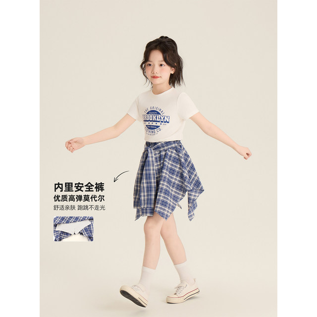 Amybaby girls suit summer 2026 new round neck letter T irregular design skirt plaid