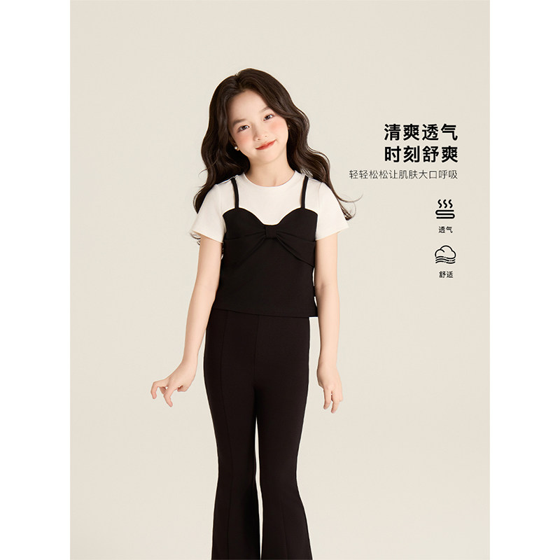 Amybaby女童上衣秋季2025新款韩版拼接蝴蝶结吊带假两件T恤,淘宝优惠券,粉丝福利购,淘宝优惠卷