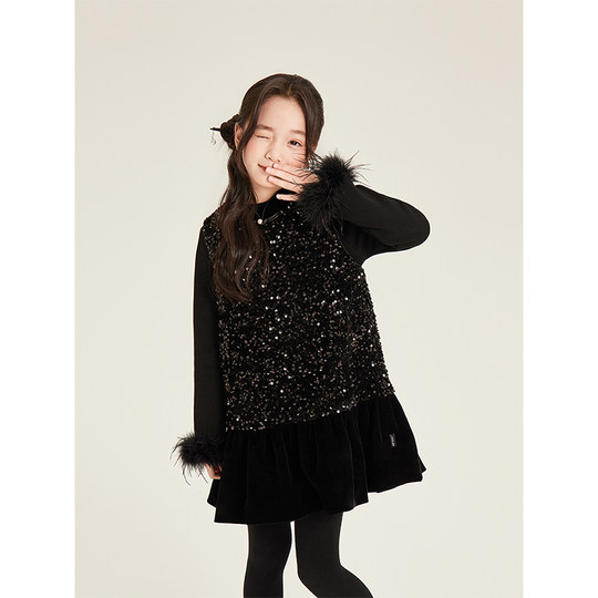 Amybaby女童套装冬季2025新款中式国风系列亮片鸵鸟毛背心裙马甲