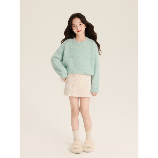 Amybaby girls skirt winter 2025 new fashion velvet sequin sparkling hip skirt A-line skirt