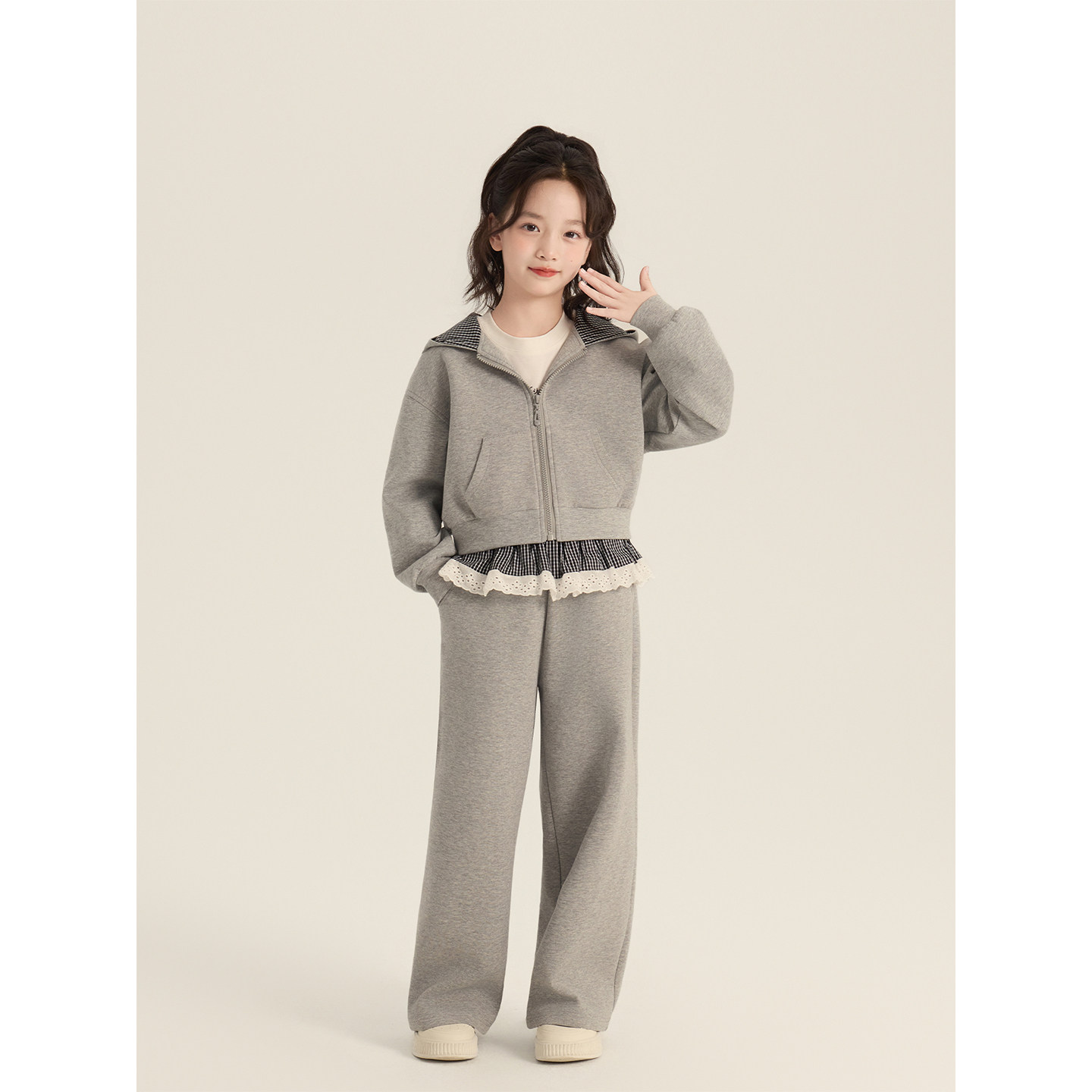 Amybaby女童套装秋季2025新款格子拼接宽松休闲连帽拉链开衫裤子