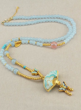 仿宋锦扇子珍珠串珠流苏项链女新中式国风毛衣链古风旗袍配饰挂件