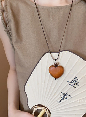 爱心木头吊坠项链新中式国风唐装复古民族风毛衣链秋冬挂件配饰品