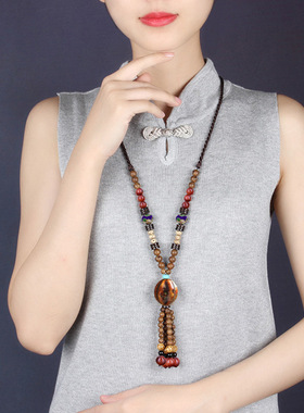 新中式国风项链女长款毛衣链百搭复古大气简约配饰陶瓷珠流苏挂饰