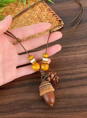 新中式橡果简约项链女复古民族风毛衣链禅意百搭配饰串珠木质唐装