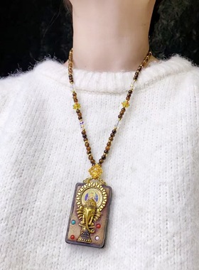 新中式国风民族风复古唐卡西藏佛牌串珠项链女配饰挂件毛衣链旗袍