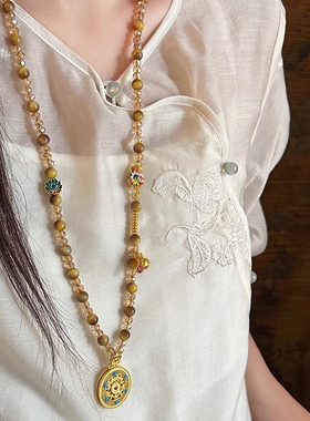 国风仿虎眼石水晶毛衣链项链新中式轻奢高级感复古衣服挂件配饰长