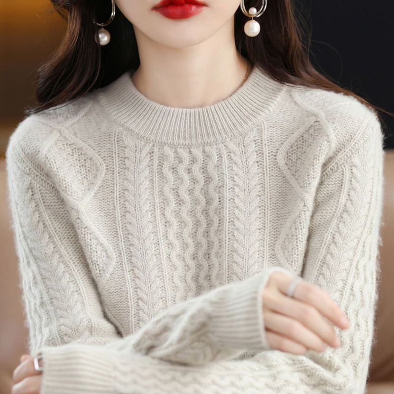 洋气圆领羊毛衫女秋冬新款100纯色妈妈针织衫宽松毛衣加厚打底衫 - 图1